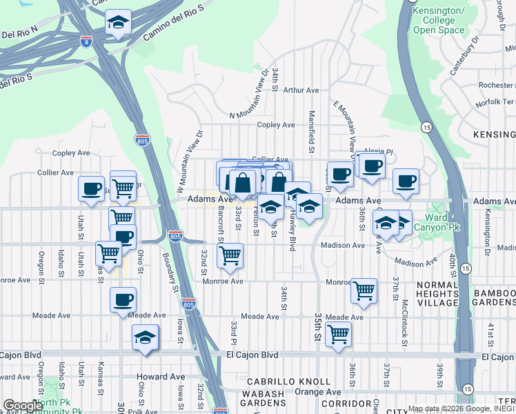 map of restaurants, bars, coffee shops, grocery stores, and more near 4689 Felton St in San Diego