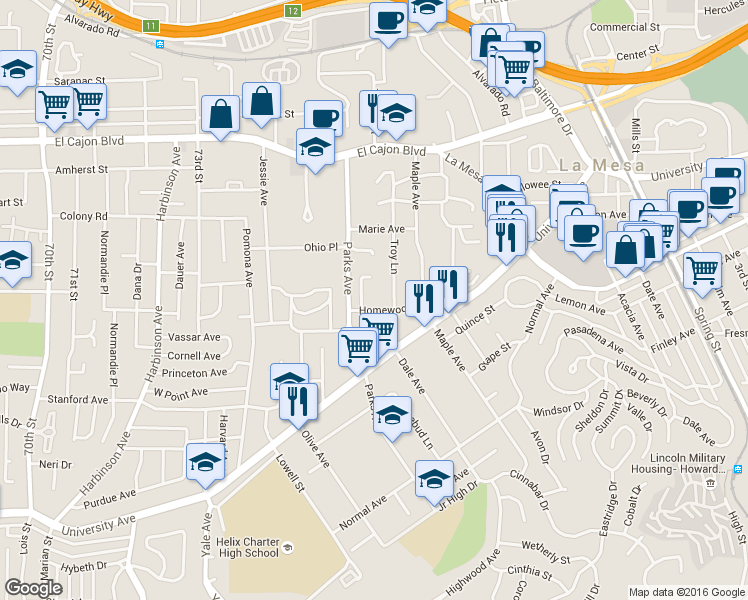map of restaurants, bars, coffee shops, grocery stores, and more near 7646 Homewood Place in La Mesa