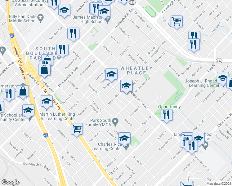 map of restaurants, bars, coffee shops, grocery stores, and more near 2627 Metropolitan Ave in Dallas