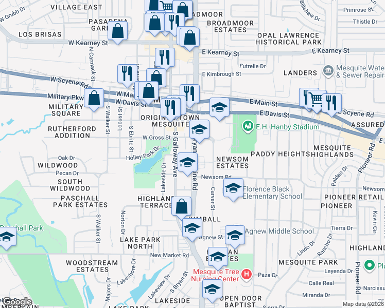 map of restaurants, bars, coffee shops, grocery stores, and more near 430 East Holley Street in Mesquite