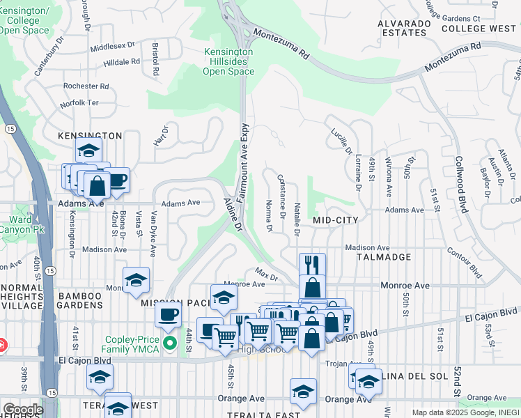 map of restaurants, bars, coffee shops, grocery stores, and more near 4668 Norma Drive in San Diego