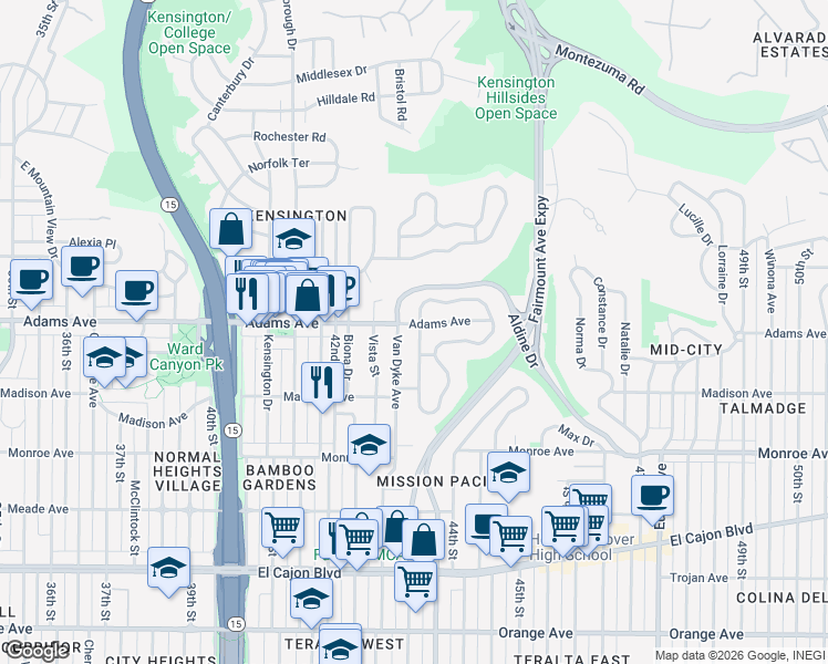map of restaurants, bars, coffee shops, grocery stores, and more near 4277 Adams Avenue in San Diego