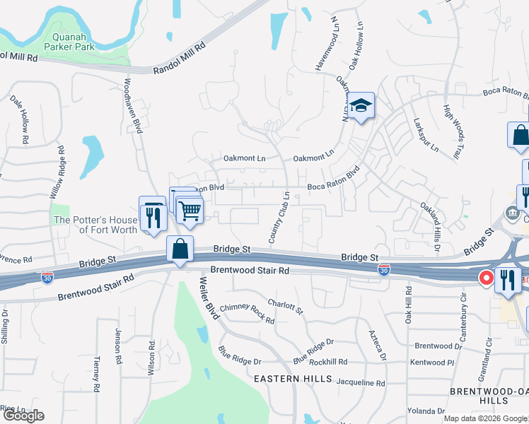 map of restaurants, bars, coffee shops, grocery stores, and more near 1174 Country Club Lane in Fort Worth