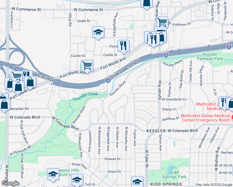 map of restaurants, bars, coffee shops, grocery stores, and more near 1954 Kessler Parkway in Dallas
