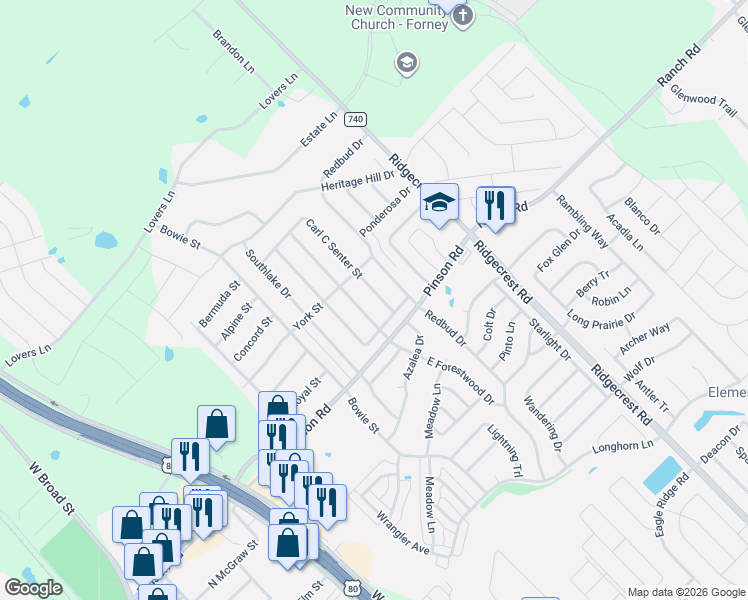 map of restaurants, bars, coffee shops, grocery stores, and more near 409 Carl C Senter Street in Forney