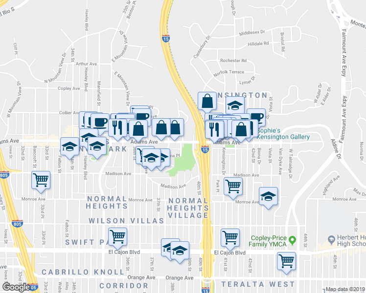 map of restaurants, bars, coffee shops, grocery stores, and more near 3905 39th Street in San Diego