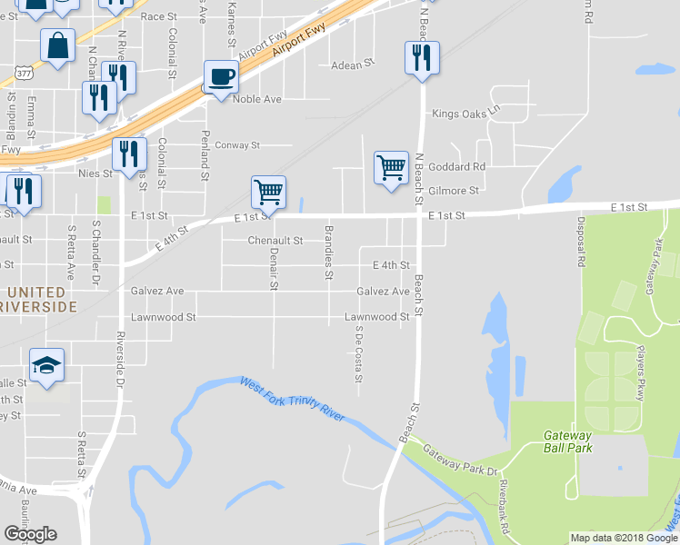 map of restaurants, bars, coffee shops, grocery stores, and more near 3806 East 4th Street in Fort Worth