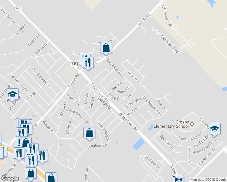 map of restaurants, bars, coffee shops, grocery stores, and more near 101 Robin Lane in Forney