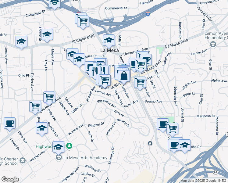 map of restaurants, bars, coffee shops, grocery stores, and more near 4616 Acacia Avenue in La Mesa