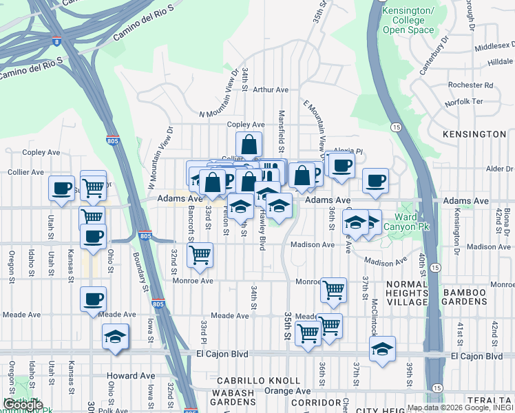 map of restaurants, bars, coffee shops, grocery stores, and more near 4680 Hawley Boulevard in San Diego