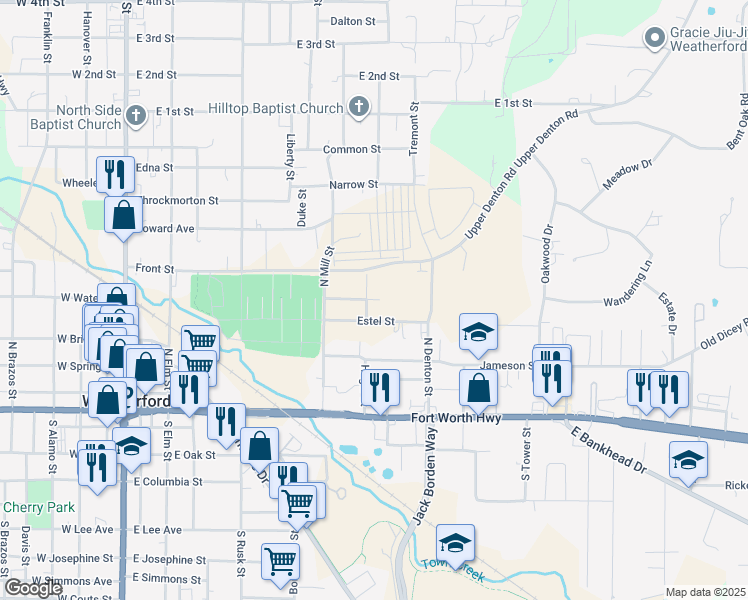 map of restaurants, bars, coffee shops, grocery stores, and more near 607 East Water Street in Weatherford