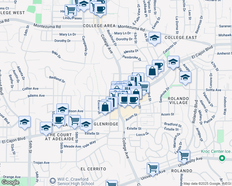 map of restaurants, bars, coffee shops, grocery stores, and more near 4713 Soria Drive in San Diego