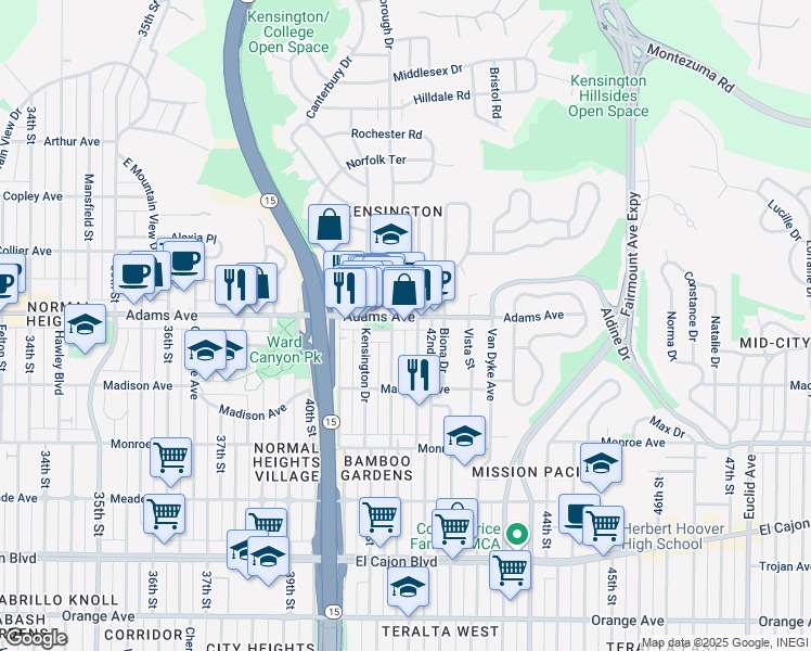 map of restaurants, bars, coffee shops, grocery stores, and more near 4153 Adams Avenue in San Diego