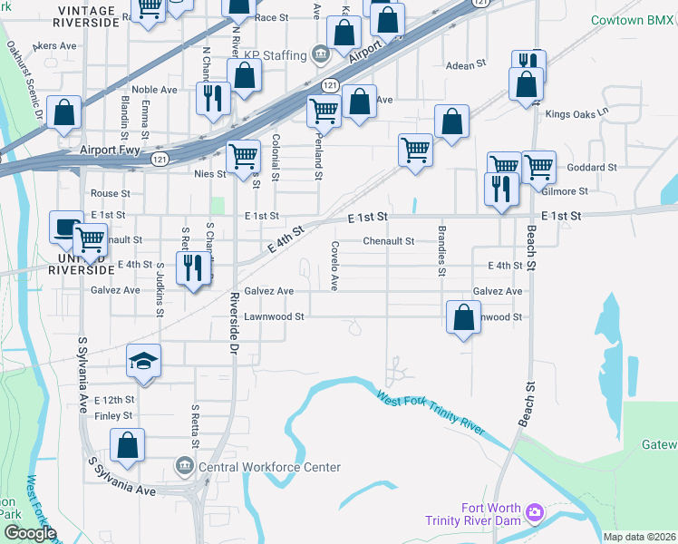 map of restaurants, bars, coffee shops, grocery stores, and more near 393 Covelo Avenue in Fort Worth