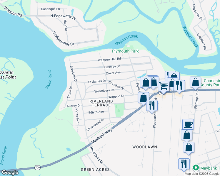 map of restaurants, bars, coffee shops, grocery stores, and more near 2128 Westrivers Road in Charleston