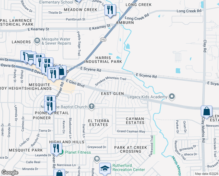 map of restaurants, bars, coffee shops, grocery stores, and more near 320 Antietam Way in Mesquite
