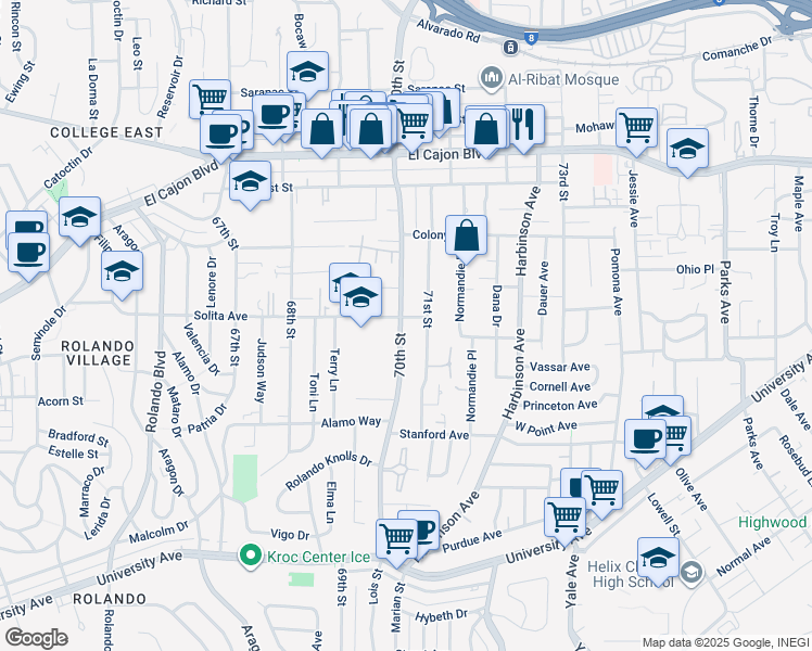 map of restaurants, bars, coffee shops, grocery stores, and more near 4625 70th Street in La Mesa