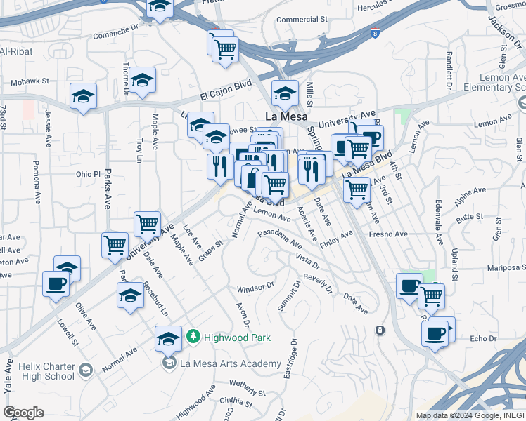 map of restaurants, bars, coffee shops, grocery stores, and more near 8038 Lemon Avenue in La Mesa