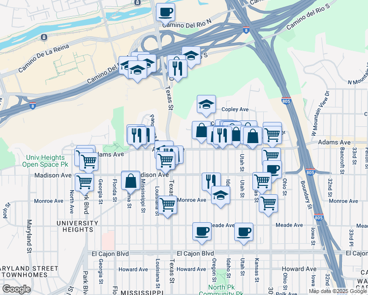 map of restaurants, bars, coffee shops, grocery stores, and more near 4 Adams Avenue in San Diego