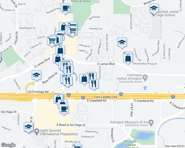 map of restaurants, bars, coffee shops, grocery stores, and more near 1807 Old Mill Drive in Arlington