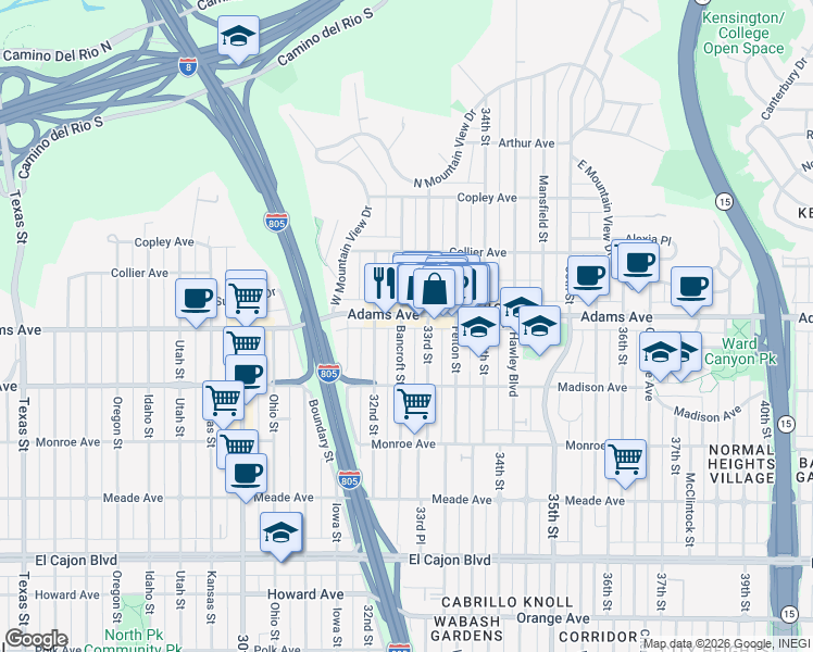 map of restaurants, bars, coffee shops, grocery stores, and more near 4695 Bancroft Street in San Diego
