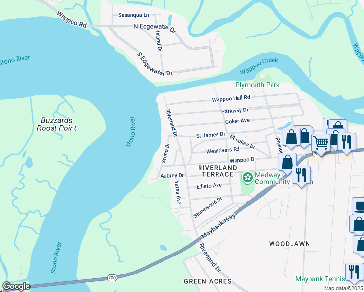map of restaurants, bars, coffee shops, grocery stores, and more near 160 Riverland Drive in Charleston