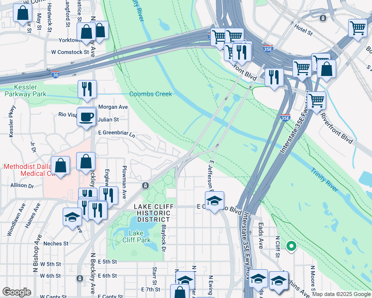 map of restaurants, bars, coffee shops, grocery stores, and more near 1500 North Zang Boulevard in Dallas