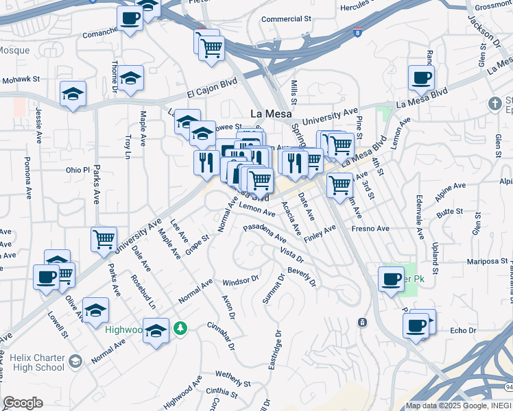 map of restaurants, bars, coffee shops, grocery stores, and more near 8072 Fairview Avenue in La Mesa