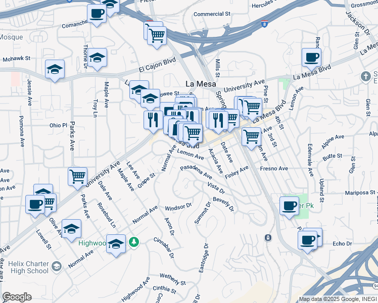 map of restaurants, bars, coffee shops, grocery stores, and more near 8072 Fairview Avenue in La Mesa