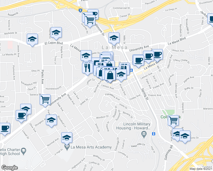 map of restaurants, bars, coffee shops, grocery stores, and more near 8072 Fairview Avenue in La Mesa