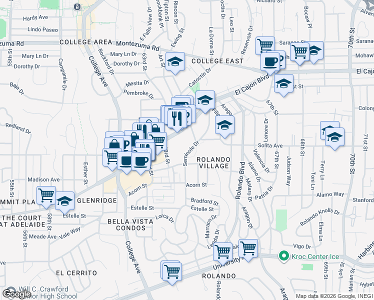 map of restaurants, bars, coffee shops, grocery stores, and more near 6317 El Cajon Boulevard in San Diego