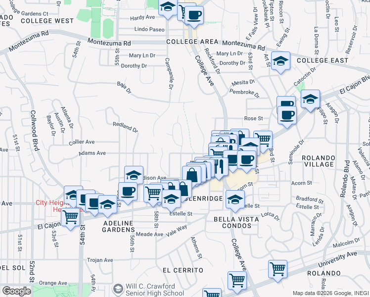 map of restaurants, bars, coffee shops, grocery stores, and more near 4711 59th Street in San Diego