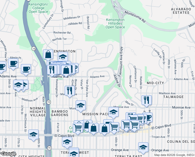 map of restaurants, bars, coffee shops, grocery stores, and more near 4331 Adams Avenue in San Diego