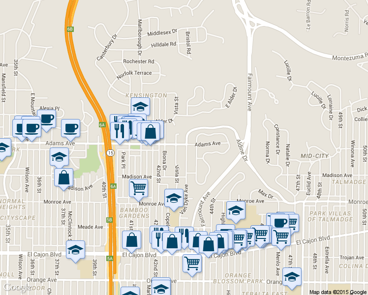 map of restaurants, bars, coffee shops, grocery stores, and more near 4277 Adams Avenue in San Diego