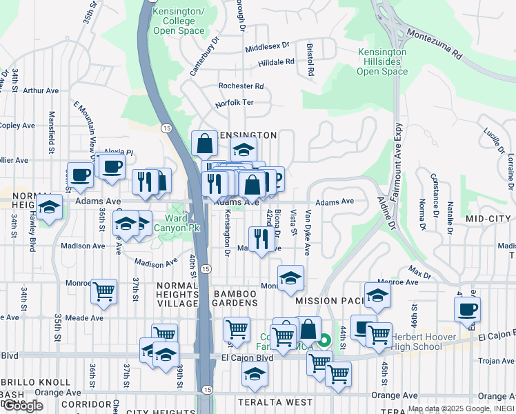 map of restaurants, bars, coffee shops, grocery stores, and more near 4193 Adams Avenue in San Diego
