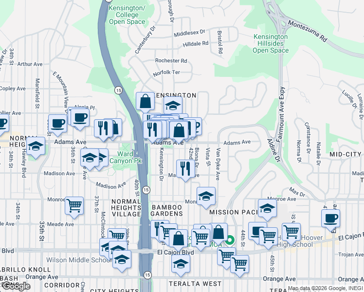 map of restaurants, bars, coffee shops, grocery stores, and more near 4193 Adams Avenue in San Diego