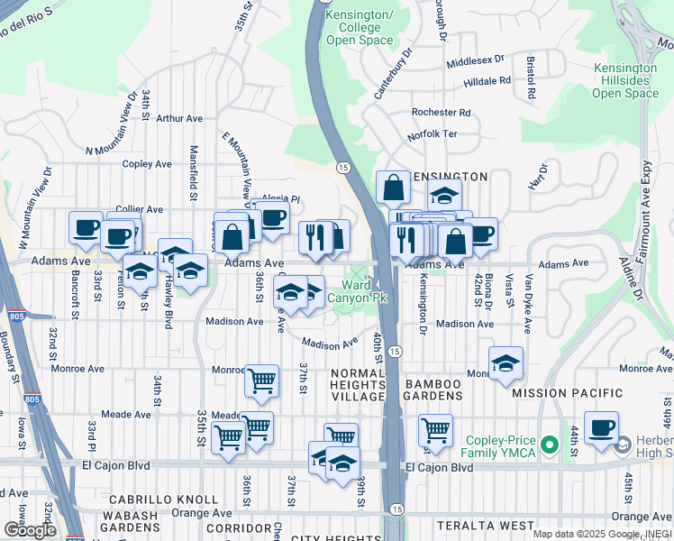 map of restaurants, bars, coffee shops, grocery stores, and more near 3905 39th Street in San Diego