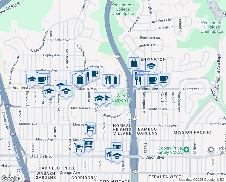 map of restaurants, bars, coffee shops, grocery stores, and more near 4688 East Mountain View Drive in San Diego