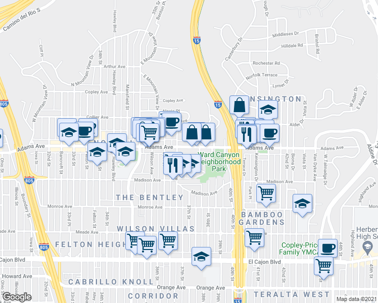 map of restaurants, bars, coffee shops, grocery stores, and more near 4688 East Mountain View Drive in San Diego