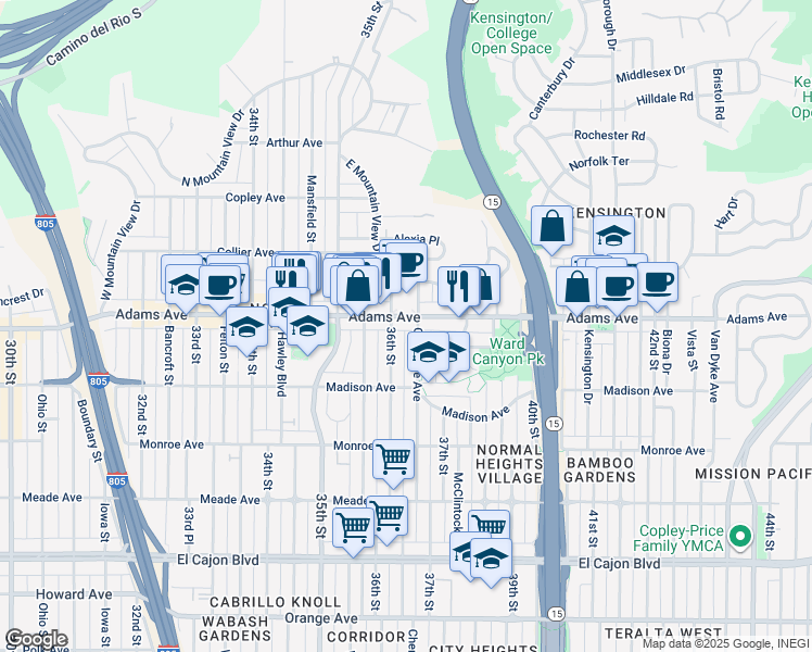 map of restaurants, bars, coffee shops, grocery stores, and more near 4683 Cherokee Avenue in San Diego