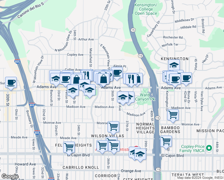 map of restaurants, bars, coffee shops, grocery stores, and more near 3585 Adams Avenue in San Diego