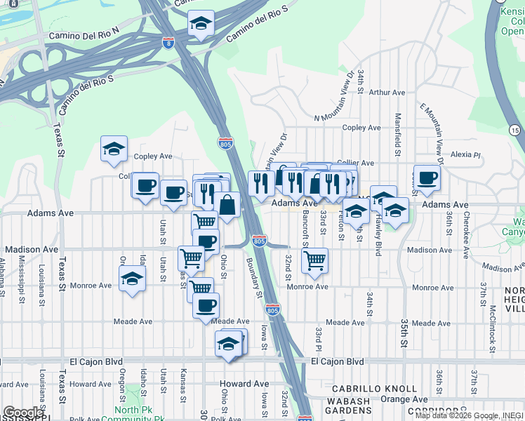 map of restaurants, bars, coffee shops, grocery stores, and more near 3165 Adams Avenue in San Diego