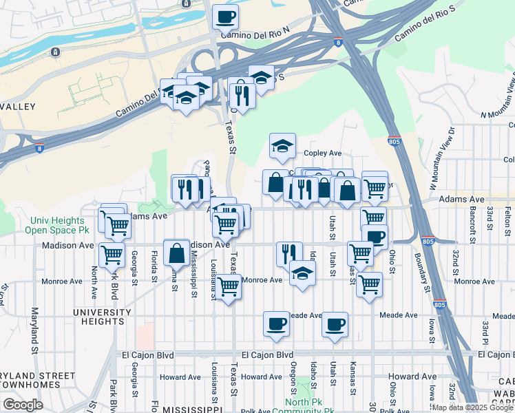 map of restaurants, bars, coffee shops, grocery stores, and more near 2 Adams Avenue in San Diego