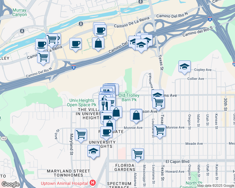 map of restaurants, bars, coffee shops, grocery stores, and more near 1823 Carmelina Drive in San Diego