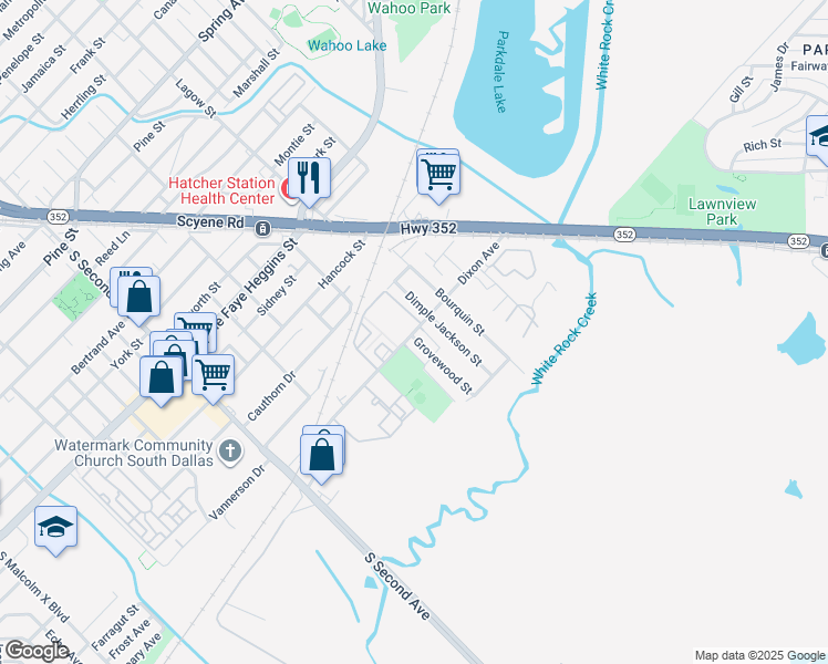 map of restaurants, bars, coffee shops, grocery stores, and more near 5309 Audrey Street in Dallas