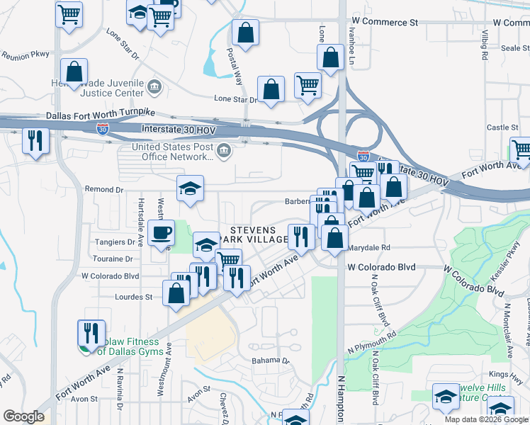 map of restaurants, bars, coffee shops, grocery stores, and more near 2314 Barberry Drive in Dallas