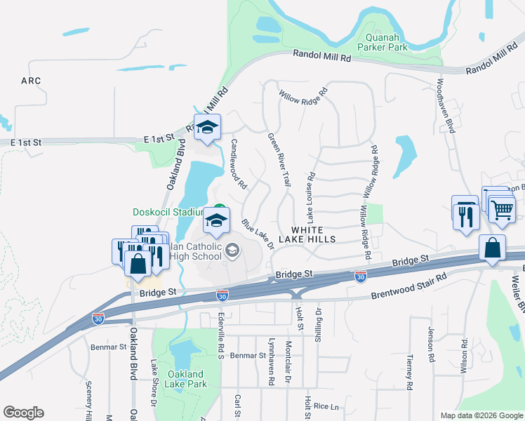 map of restaurants, bars, coffee shops, grocery stores, and more near 906 Raintree Road in Fort Worth