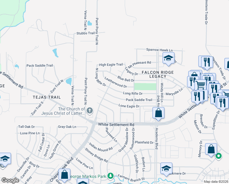 map of restaurants, bars, coffee shops, grocery stores, and more near 10121 Long Rifle Drive in Fort Worth