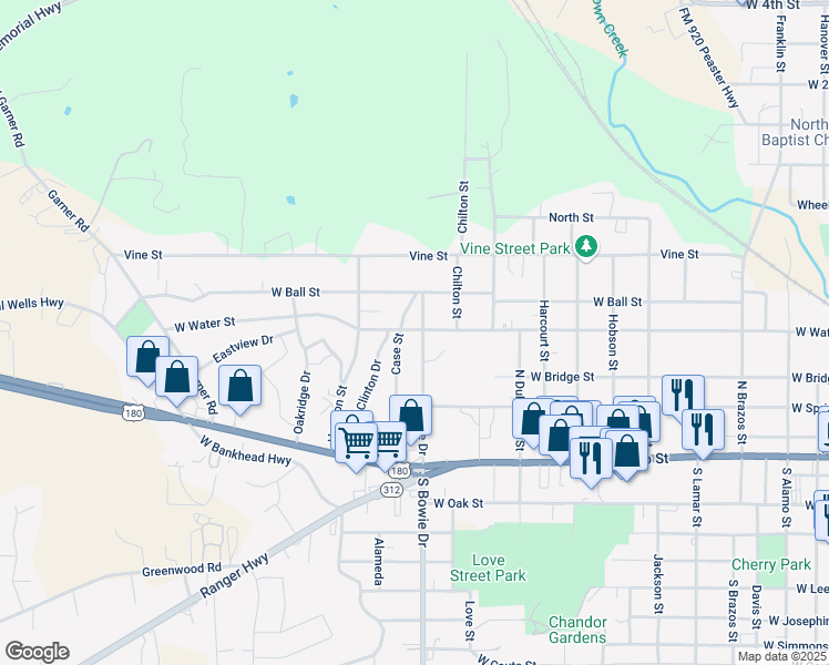 map of restaurants, bars, coffee shops, grocery stores, and more near 1219 West Water Street in Weatherford