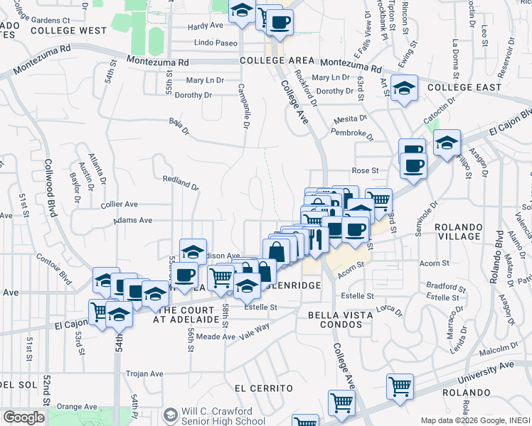 map of restaurants, bars, coffee shops, grocery stores, and more near 4711 59th Street in San Diego